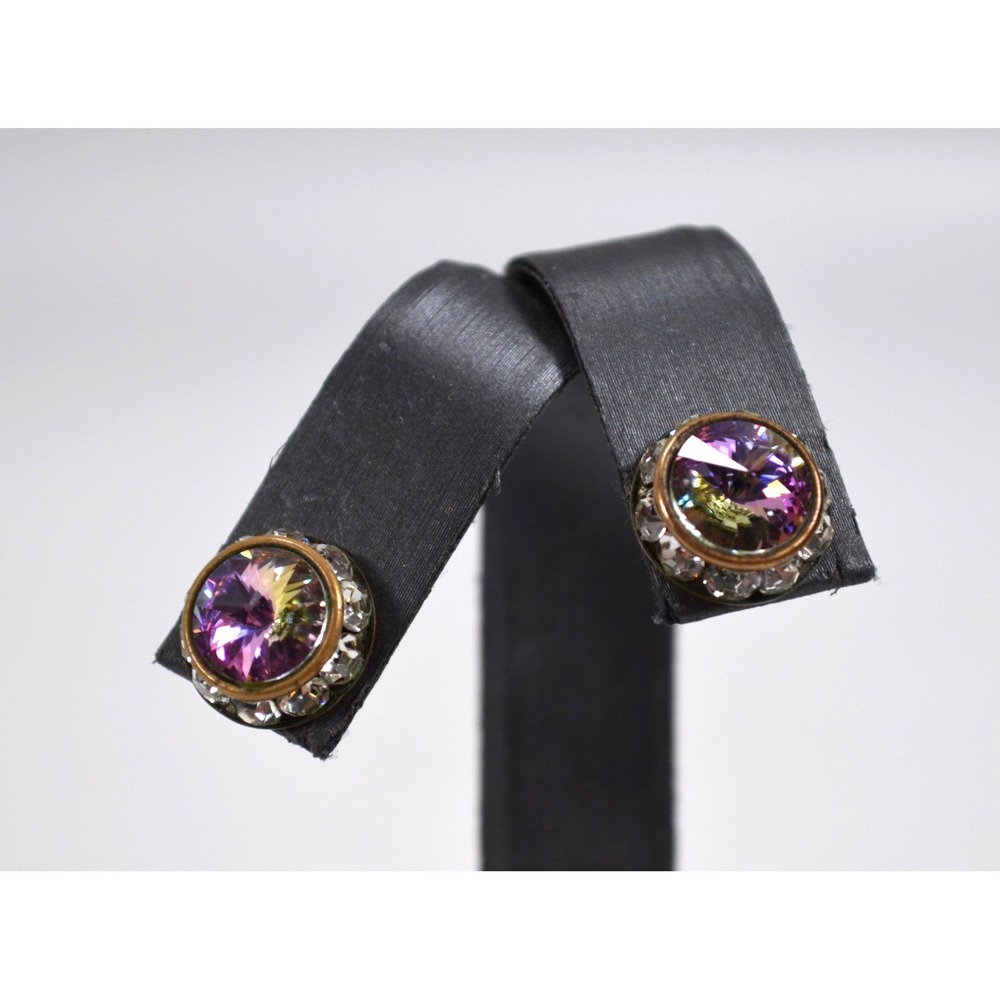 Gold Toned‎ Metal Pierced Stud Earrings Aurora Borealis Setting Rhinestones 1.5"